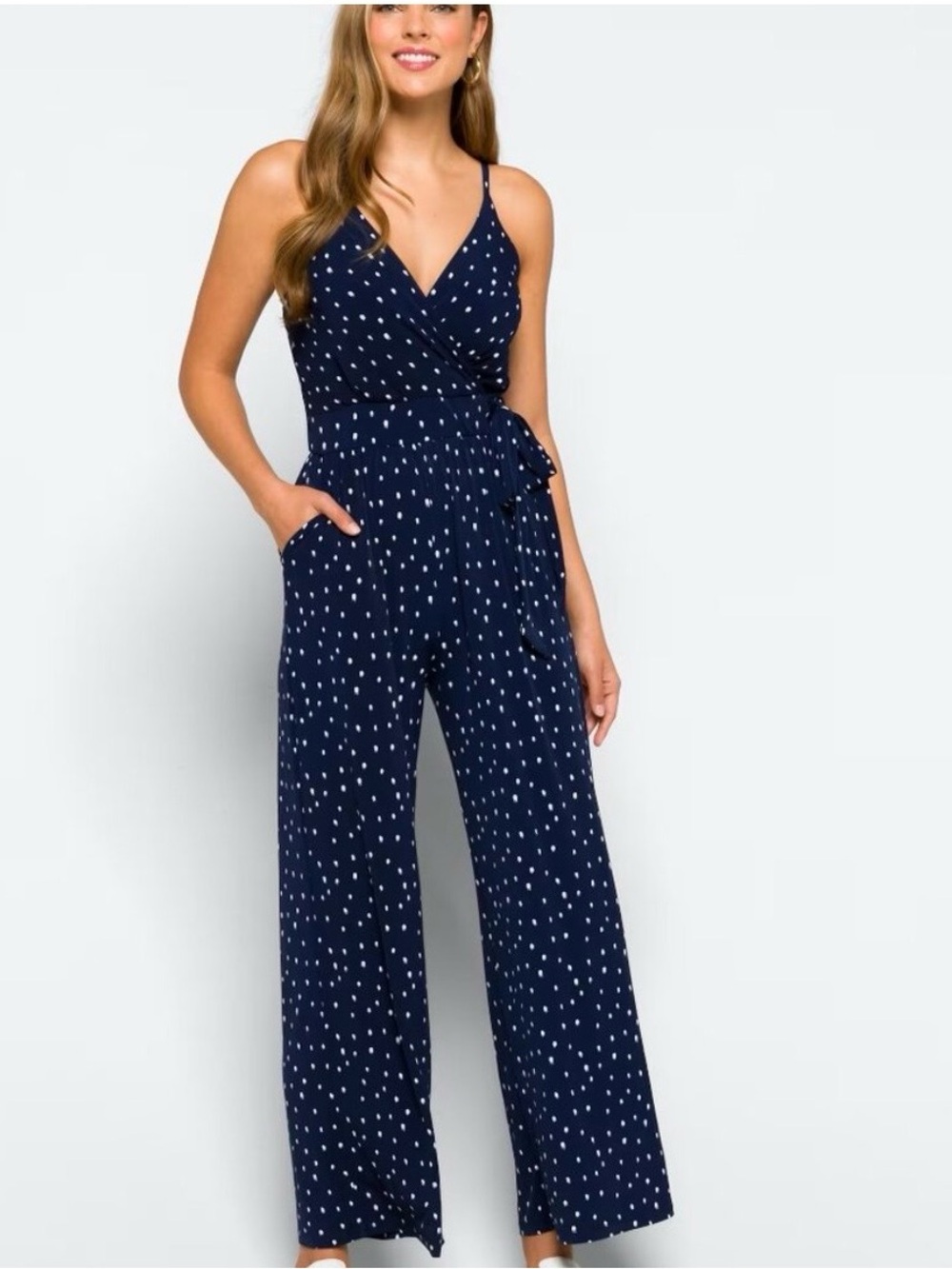 Kaileigh Navy Polka Dot Wrap Jumpsuit